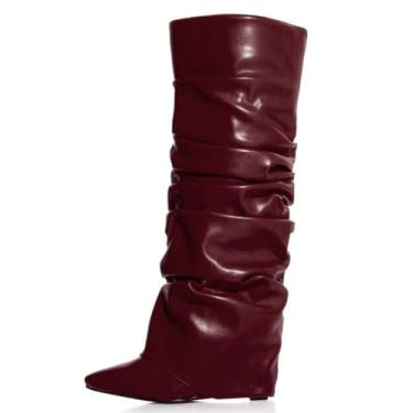 Imagem de Yishaweiqi Botas femininas dobradas franzidas despojadas com salto cunha de couro envernizado, cano alto, bico fino, botas casuais, Vermelho escuro, 40