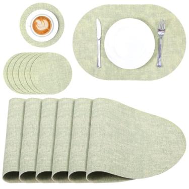 Imagem de DOPENSPI Conjunto de 6 peças de jogo americano ovais verde-claro com 6 porta-copos, tapetes ovais de couro sintético de poliuretano, 43 x 30 cm, resistentes ao calor, à prova d'água, antiderrapante