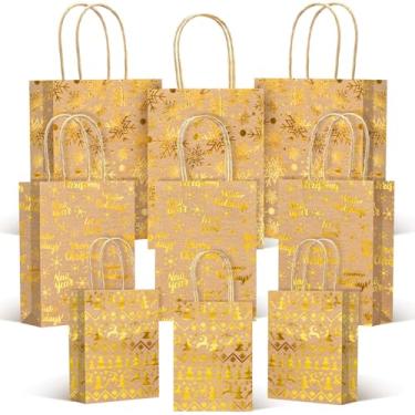 Imagem de Tinlade 48 peças de sacos de papel kraft de Natal a granel tamanhos variados, saco de presente de bronzeamento, presentes metálicos, suprimentos dourados para decoração de festa de inverno, férias de