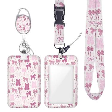 Imagem de Cordão de crachá de identificação de laço rosa para crachás de identificação, protetor vertical de trabalho, clipes de mosquetão retráteis, cordão de chave resistente para mulheres, meninas, designer