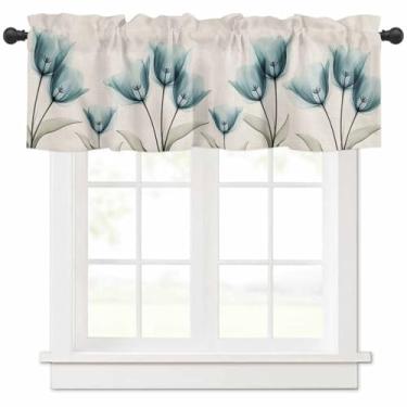 Imagem de Cortina floral turquesa para janelas, elegante tulipa vintage botânica mola bolso haste saia cozinha quarto sala de estar pequena cortina curta 137.2 cm x 45.7 cm tratamentos de janela