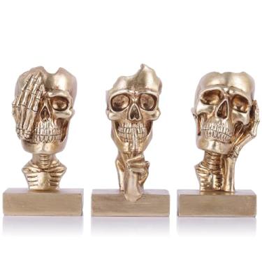 Imagem de LCCCK Trio de estatuetas de esqueleto de 12 cm H See No Evil Hear No Evil Speak No Evil Skelet, Estátua de caveira de terror de Halloween, prateleiras góticas, para Dark Academia Emo Home Bookshelf