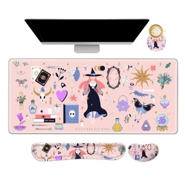 Imagem de Lauspuck Conjunto de mouse pad de teclado rosa, retângulo grande para mesa de jogos + descanso de pulso para teclado + suporte de pulso de mouse + porta-copos ergonômico, combo de mouse de espuma de