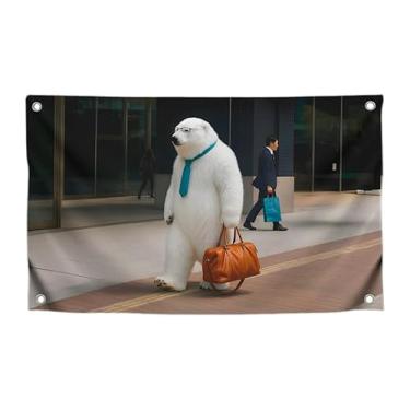 Imagem de Bandeira de animais de 9,5 x 1,5 m com grande urso branco caminha pela cidade com quatro ilhós de latão - pôster decorativo criativo de um lado para escritório - tapeçaria de parede de poliéster para