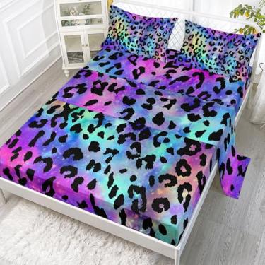 Imagem de Smell Sunshine Jogo de lençol solteiro com estampa de leopardo colorido, 4 peças, para adolescentes, meninos, meninas, com 1 lençol de cima e 1 lençol com elástico + 2 fronhas (solteiro de leopardo