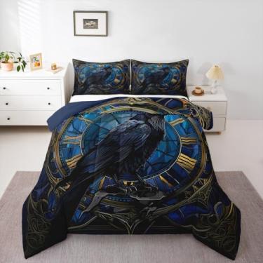 Imagem de Erosebridal Conjunto de edredom com estampa de corvo exótico, animal de Halloween, para crianças, adolescentes e adultos, corvo gótico preto, feliz dia das bruxas, com 2 fronhas