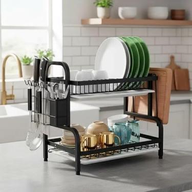 Imagem de Escorredor de Louça Premium 2 Andares Preto Aço Carbono 53x24,5x40cm com Suporte para Talheres Tábua e Bandeja Coletora Design Moderno Prato Copo