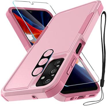 Imagem de Capa para Samsung Galaxy A14 5G com 1 protetor de tela de vidro temperado e 1 peça de capa de lente de câmera, capa protetora de corpo inteiro resistente à prova de choque, rosa fofo