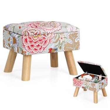 Imagem de ETELI Pufe quadrado com armazenamento versátil para os pés, tecido de algodão otomano, descanso para os pés com pernas de madeira, banquinhos pequenos e pufes para sala de estar e entrada