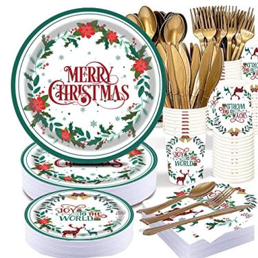 Imagem de PAMMYAN Prato de papel Merry Christmas – 177 peças de pratos de jantar descartáveis com flor de poinsétia de Natal, sino de rena, pratos de sobremesa e guardanapos para festas de Natal, conjunto de