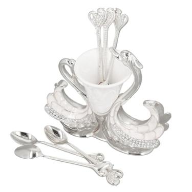 Imagem de Asixxsix Conjunto de Louças Em Forma de Cisne, Elegante Suporte de Base de Cisne Com 6 Colheres, Conjunto de Colher de Sobremesa de café de Liga de Zinco Polido Espelhado para Frutas (Prata)