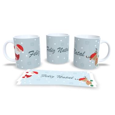 Imagem de Caneca de Natal Feliz Natal, Porcelana Branca com Design Natalino, Decoração com Papai Noel e Rena, Fundo Cinza com Flocos de Neve (1.1)