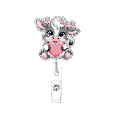 Imagem de Carretel de crachá de vaca fofo para dia dos namorados, retrátil, jacaré, acrílico, com design de coração rosa, carretel de crachá engraçado para enfermeiras, enfermeiras, médicos, professores
