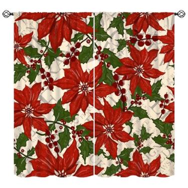 Imagem de Cortinas de Natal, estampa de flores de poinsétia vermelha de Natal, tratamentos de janela, cortinas com isolamento térmico com bolso para varão, conjuntos de 2 painéis para férias de inverno, quarto