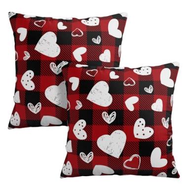 Imagem de Wnoesat Conjunto de 2 capas de almofada para atividades ao ar livre para dia dos namorados, 45,7 x 45,7 cm, preto e vermelho, xadrez, búfalo, branco, coração, fazenda, decoração para sofá, casa