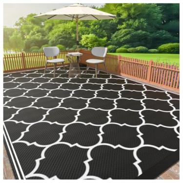 Imagem de SPXMQSS Tapetes de área externa para jardim, fácil de limpar, de plástico reversível, antiderrapante, para acampamento, deck, praia, piquenique, preto 152 x 244 cm