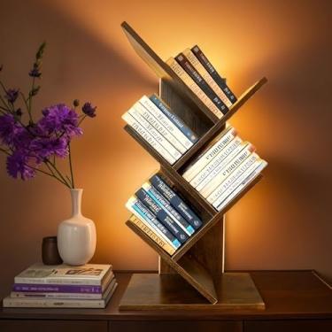 Imagem de Godferyxin Estante de árvore com iluminação, mini estante de madeira de 5 camadas e pequena estante para escritório, casa ou escola, prateleira de livros para exibição de livros, CDs, revistas