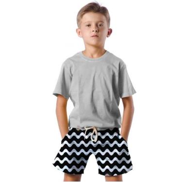 Imagem de Shorts Infantil Bermuda Calção Praia Verão Ondas Arte Preto Black 526 