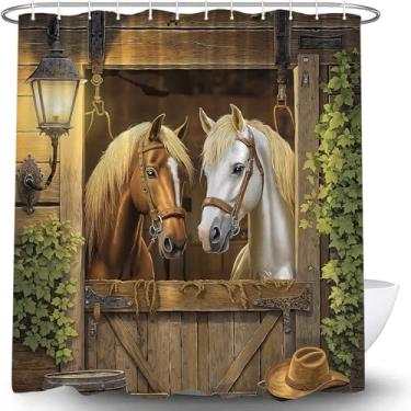 Imagem de Cortina de chuveiro de cavalo ocidental, chapéu de caubói de fazenda, velho oeste, porta de celeiro, folhas verdes, decoração de banheiro rústico, de madeira, cortina com ganchos