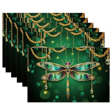 Imagem de Jogo americano de mesa, conjunto de 6, jogo americano de pano libélula verde, joias douradas, resistentes ao calor, para decoração de cozinha, sala de jantar, tapetes de tecido antiderrapante 29 x 44
