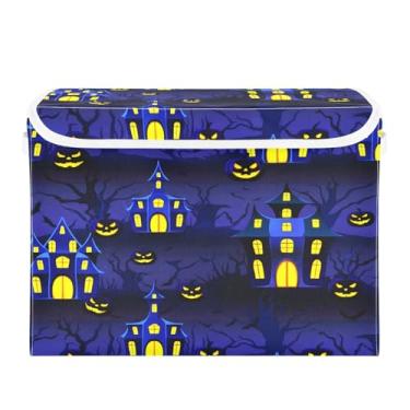Imagem de Wassud Cestas de armazenamento de Halloween com tampas, casas assombradas de Halloween, caixotes dobráveis empilháveis de tecido, cestas de linho, organizador de armário, recipiente 42 x 32 x 30 cm