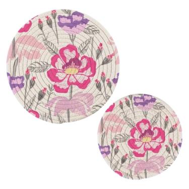 Imagem de Wassud Flores (2) Trivet para pratos quentes, porta-panelas redondas de algodão, almofadas quentes, porta-copos elegantes, decoração de cozinha e acessórios, 2 peças