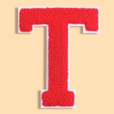 Imagem de QianSiLi Remendos de letras universitárias de chenille vermelho de 11 cm, letras grandes para jaquetas Letterman, moletons com capuz, mochilas, coletes, roupas, adesivos individuais de letra T