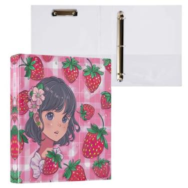 Imagem de Qilmy Fichário de 3 anéis, organizador de fichário redondo para meninas e morangos para tamanho carta 200 páginas, fichário de prancheta, fichário fofo material de escritório escolar 537