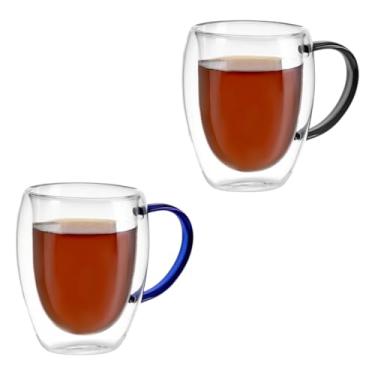 Imagem de Kit Conjunto 2 Xícaras de Vidro Borossilicato Parede Dupla 350ml Transparente com Alça Colorida - 1 Preta e 1 Azul
