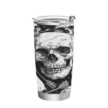 Imagem de STAYTOP Copo de aço inoxidável de caveira cinza de 590 ml, copo de café isolado com tampa e canudo, caneca de café de viagem de parede dupla para bebidas quentes e frias