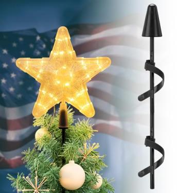 Imagem de Conjunto de topo de estrela de árvore de Natal, topo de árvore de estrela de LED de 22 cm com poste e base de 111 cm – vem com 8 laços seguros, fácil de montar para diversão festiva, emocionante