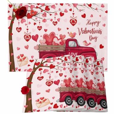 Imagem de Jogo americano de dia dos namorados, jogo americano de árvore de coração vermelho para decoração de mesa de jantar, tapetes de linho de algodão, tapetes de mesa de caminhão, ramo do amor, caminhão