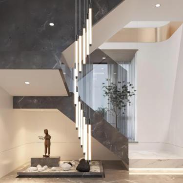 Imagem de Lustre moderno de teto alto, preto, com 12 lâmpadas LED em espiral grandes em formato de gota, luminária suspensa para hall de entrada, altura ajustável, ideal para escadas, saguão, sala de