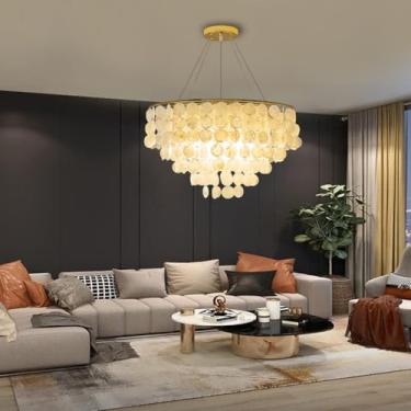 Imagem de Lustre vintage dourado E14 para iluminação decorativa de interiores, luminária de teto com conchas naturais e altura ajustável. Elegante estilo antigo com conchas de Capiz, moderno e costeir