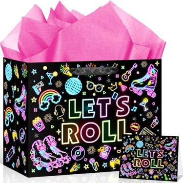 Imagem de Papmiunm Saco de presente Let's Roll com tema de patinação em rolo Feliz Aniversário Saco de embrulho de presente com cartão de felicitações e papel de seda