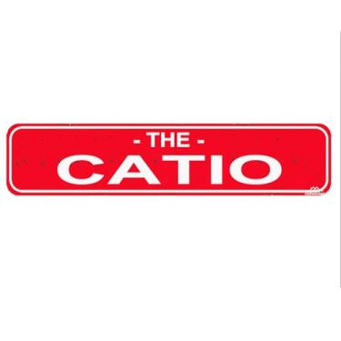 Imagem de THE CATIO Sinal de Rua Engraçado Placa Novidade para Placa de Nome de Porta Placa para Casa Pátio Jardim Bar Quinta Casa Garagem Parede Decoração Metal Placa Vermelha 40,6 x 10,6 cm