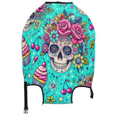 Imagem de Joisal Capa protetora de bagagem para viagem, elástica, colorida, para viagem, para mulheres, crânio de açúcar, cupcake, azul-petróleo, Cupcake de caveira de açúcar, azul-petróleo, XL, Fits 29-32 Inch