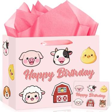 Imagem de Sacos de presente de animais de fazenda para meninas, chá de bebê, rosa, casa de fazenda, animal fofo, sacolas de lembrancinhas, papel de embrulho e cartão, tema de fazenda, sacolas de presentes para