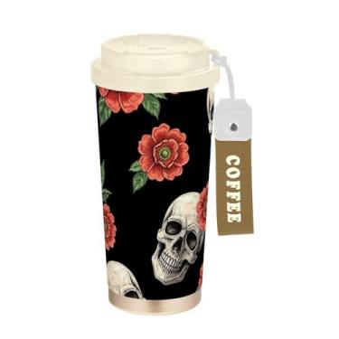 Imagem de TSENQUE Copo de café de 473 ml com revestimento cerâmico, copo de café de aço inoxidável com tampa e canudo, copo isolado a vácuo, caveiras bordadas, vermelho, floral, preto