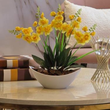 Imagem de Orquídea Artificial Arranjo Decorativo com Vaso e Casca Polida Sem Cuidados, Ideal para Sala e Escritório Perfeito para Decoradores Residenciais e Empresariais(Amarelo1)