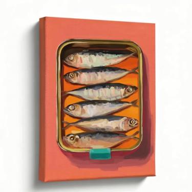 Imagem de Decoração de parede de cozinha, arte de comida em tela, impressão de arte pop de sardinhas em estanho, decoração de cozinha costeira retrô, arte de bar de sala de jantar, arte colorida e moderna