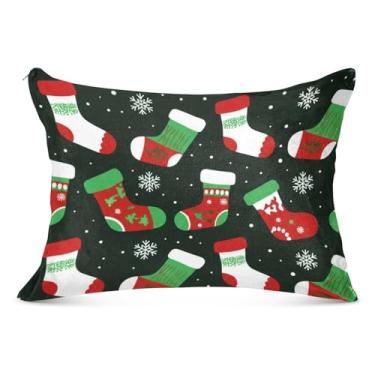 Imagem de Capa de travesseiro de flanela preta de Natal vermelho verde com zíper padrão Queen King Almofadas de cama para decoração de casa luxuosa, tamanho king, 50,8 cm x 101,6 cm