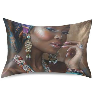 Imagem de Lindas capas de almofada de cetim com estampa de mulher africana para cabelo King Queen Standard Pillow Slip Cute Cooling Pillow Slips Bedding Decor Home, Queen Size, 76.2 cm x 50.8 cm