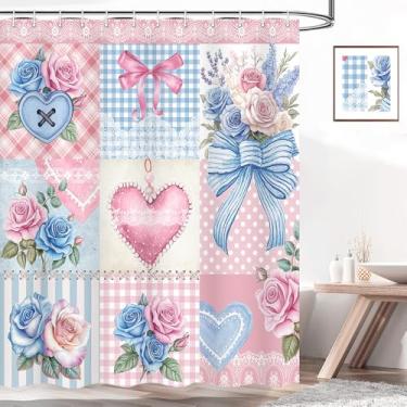 Imagem de DeeCabin Cortina de chuveiro de Dia dos Namorados, linda rosa coração azul xadrez flores florais patchwork cortina de banho lavável tecido impermeável com 12 ganchos 170 x 180 cm