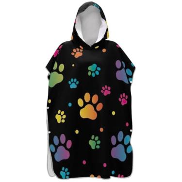 Imagem de Joisal Poncho de surfe preto com estampa de pata colorida para mudança de roupão, de secagem rápida, poncho masculino e feminino, com capuz, estampa de toalha de praia