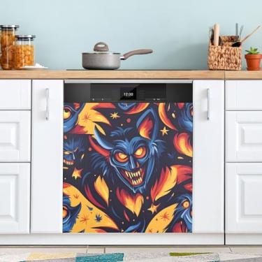 Imagem de Ímãs de lava-louças Wolf Halloween Fire para cozinha reutilizáveis para lavadora e secadora capa decorativa 58 x 66 cm