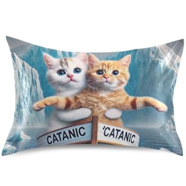 Imagem de Capas de almofada de cetim com estampa de gatos Titanic Kitten Floral Travesseiro padrão Queen King Travesseiros presentes modernos roupa de cama, tamanho Queen, 76,2 cm x 50,8 cm