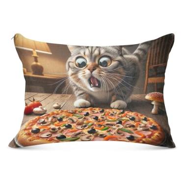 Imagem de Cat Discovered Pizza Funny Zipper Fronha Poliéster Padrão Queen King Size Fronhas Impressão Arte Decoração de Cama Casa, Tamanho Queen, 50,8 cm x 76,2 cm