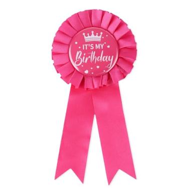 Imagem de Broche "It's My Birthday", botão de crachá de fita de feliz aniversário de cetim tema ideal decorações de festa prêmios e celebrações suprimentos para mulheres e homens (rosa)
