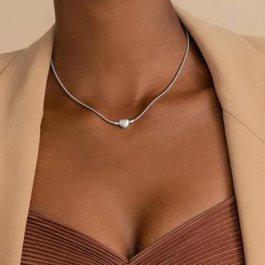 Imagem de Colar feminino com fecho de coração com letra personalizada, corrente de cobra, presente ajustável, gargantilha para uso diário, 17.7Inches, Aço inoxidável, Sem Pedra Preciosa